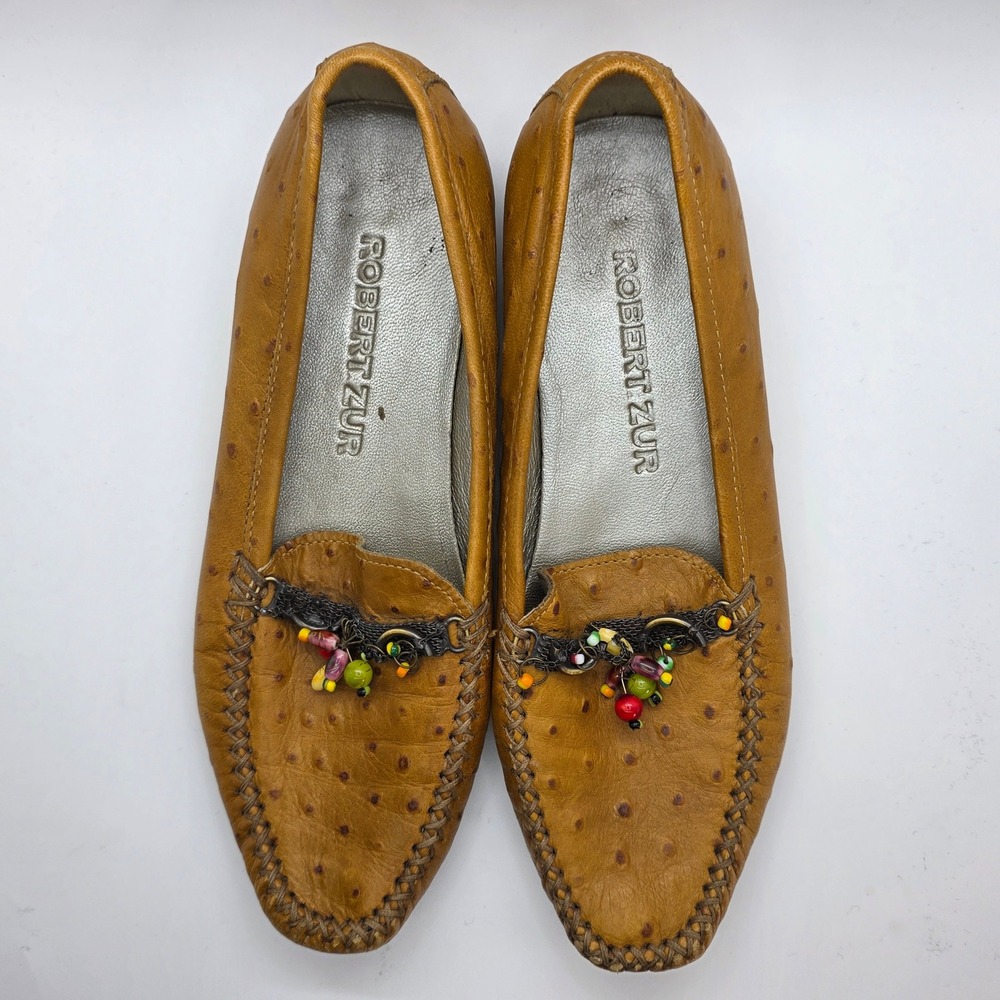 Robert Zur Women Tan Ostrich Embossed Leather Beaded Loafer‎ Flats Shoes